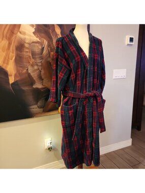 Vintage 80s Bill Blass Heavy Terry Cloth Robe Plaid Bath Belt One Size